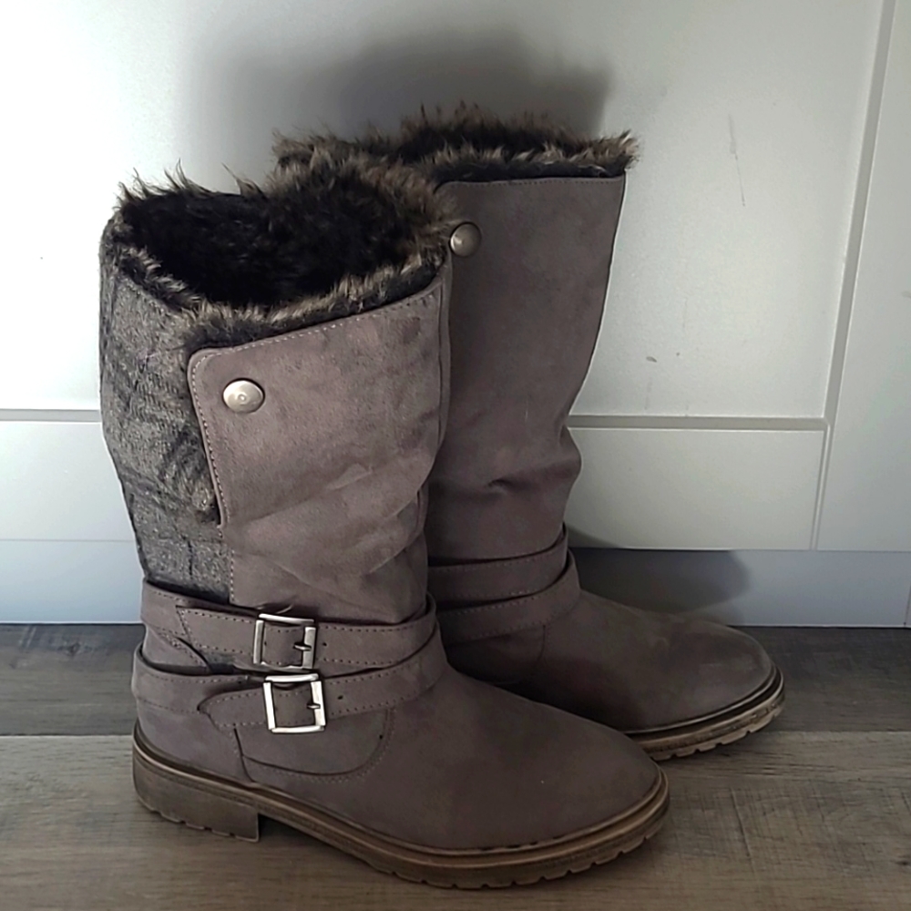 Gray Faux Suede & Fur Boots, Size 6.5, Fold Down for a Different Look